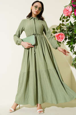 Bel Tünelli Yarım Gizli Düğmeli Elbise Çağla Yeşili - Tesettür Elbise