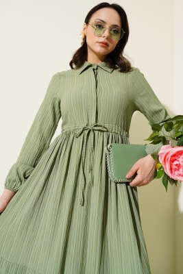 Bel Tünelli Yarım Gizli Düğmeli Elbise Çağla Yeşili - Tesettür Elbise