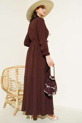 Bel Tünelli Yarım Gizli Düğmeli Elbise Kahve - Tesettür Elbise