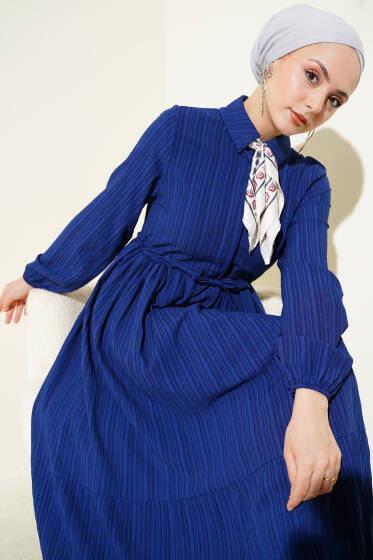 Bel Tünelli Yarım Gizli Düğmeli Elbise Lacivert - Elbise