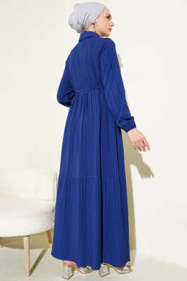 Bel Tünelli Yarım Gizli Düğmeli Elbise Lacivert - Tesettür Elbise