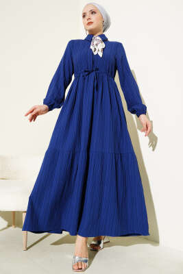 Bel Tünelli Yarım Gizli Düğmeli Elbise Lacivert - Tesettür Elbise