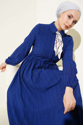 Bel Tünelli Yarım Gizli Düğmeli Elbise Lacivert 