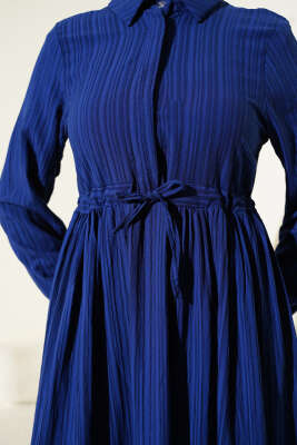 Bel Tünelli Yarım Gizli Düğmeli Elbise Lacivert - Tesettür Elbise