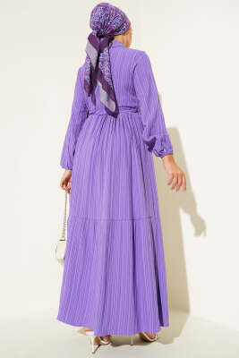 Bel Tünelli Yarım Gizli Düğmeli Elbise Lila - Tesettür Elbise
