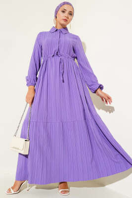 Bel Tünelli Yarım Gizli Düğmeli Elbise Lila 