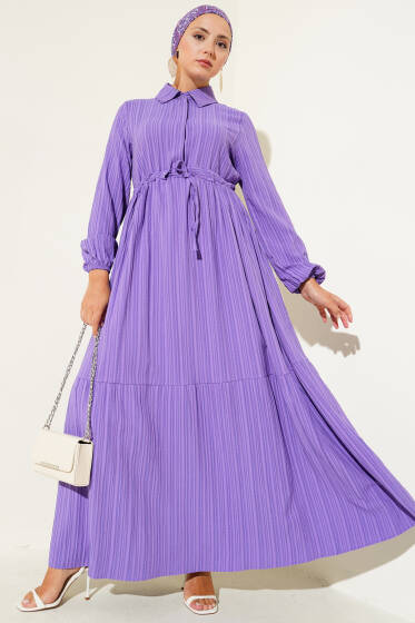 Bel Tünelli Yarım Gizli Düğmeli Elbise Lila - Tesettür Elbise
