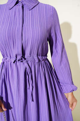 Bel Tünelli Yarım Gizli Düğmeli Elbise Lila - Tesettür Elbise