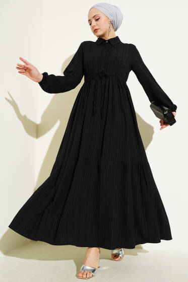 Bel Tünelli Yarım Gizli Düğmeli Elbise Siyah - Elbise