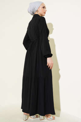 Bel Tünelli Yarım Gizli Düğmeli Elbise Siyah - Tesettür Elbise