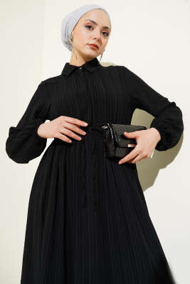 Bel Tünelli Yarım Gizli Düğmeli Elbise Siyah - Tesettür Elbise