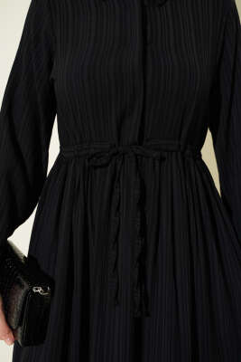 Bel Tünelli Yarım Gizli Düğmeli Elbise Siyah - Tesettür Elbise