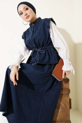 Bel Tünelli Yelekli Etekli Kot İkili Takım Lacivert - VAV TEKSTİL