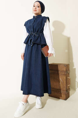 Bel Tünelli Yelekli Etekli Kot İkili Takım Lacivert - İkili Takım