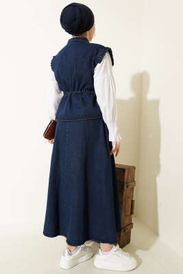 Bel Tünelli Yelekli Etekli Kot İkili Takım Lacivert - İkili Takım