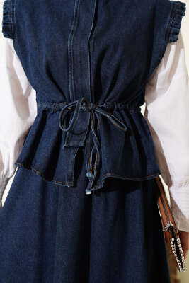 Bel Tünelli Yelekli Etekli Kot İkili Takım Lacivert - İkili Takım