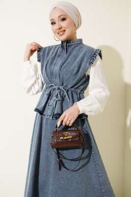 Bel Tünelli Yelekli Etekli Kot İkili Takım Mavi - İkili Takım