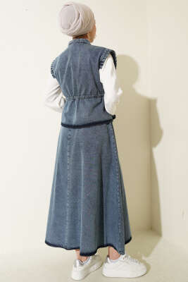 Bel Tünelli Yelekli Etekli Kot İkili Takım Mavi - İkili Takım