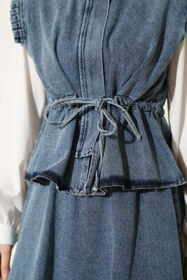 Bel Tünelli Yelekli Etekli Kot İkili Takım Mavi - İkili Takım