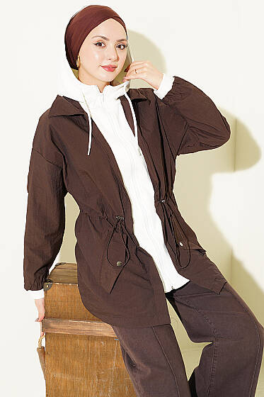 Bel Tünelli Kapüşonlu Paraşüt Ceket Kahve - Ceket