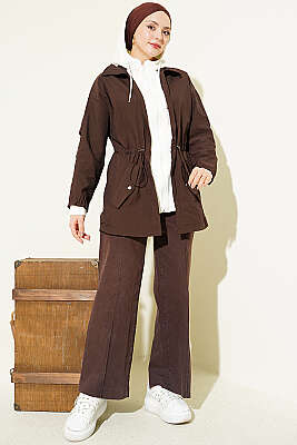 Bel Tünelli Kapüşonlu Paraşüt Ceket Kahve - Ceket