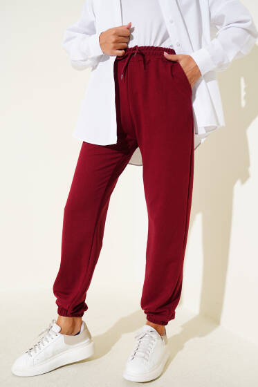 Bel Ve Bilek Lastikli Jogger Pantolon Bordo - Pantolon