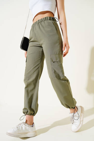 Bel Ve Paça Lastikli Kargo Cep Paraşüt Pantolon Haki - Kadın Giyim Modelleri