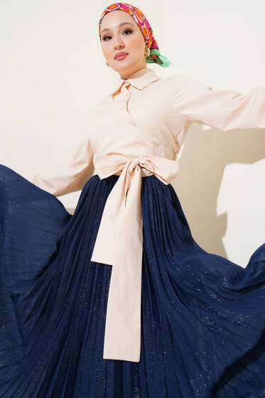 Belden Bağlama Detaylı Kısa Gömlek Bej - Gömlek