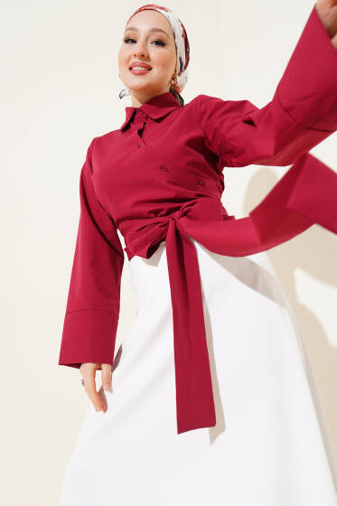 Belden Bağlama Detaylı Kısa Gömlek Bordo - Gömlek