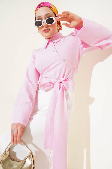 Belden Bağlama Detaylı Kısa Gömlek Pembe - Gömlek