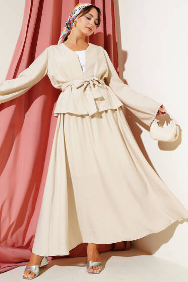 Belden Bağlamalı Etekli İkili Takım Bej - İkili Takım