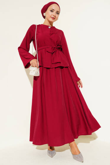 Belden Bağlamalı Etekli İkili Takım Bordo - İkili Takım