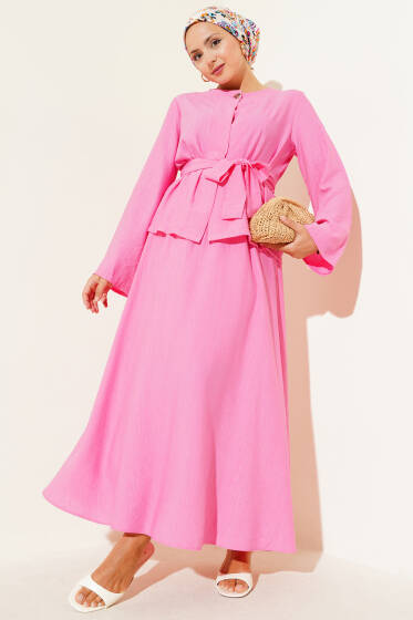 Belden Bağlamalı Etekli İkili Takım Fuşya - İkili Takım