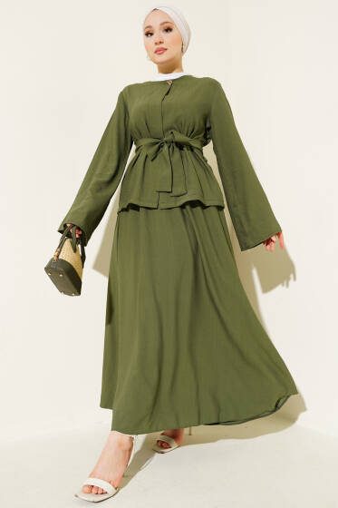 Belden Bağlamalı Etekli İkili Takım Haki - İkili Takım