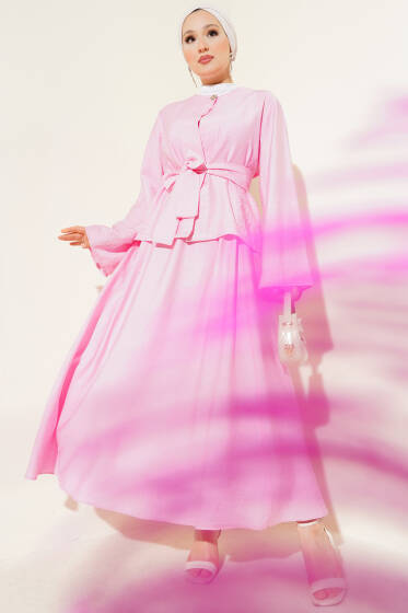 Belden Bağlamalı Etekli İkili Takım Pembe - İkili Takım