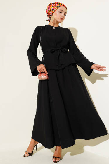 Belden Bağlamalı Etekli İkili Takım Siyah - İkili Takım