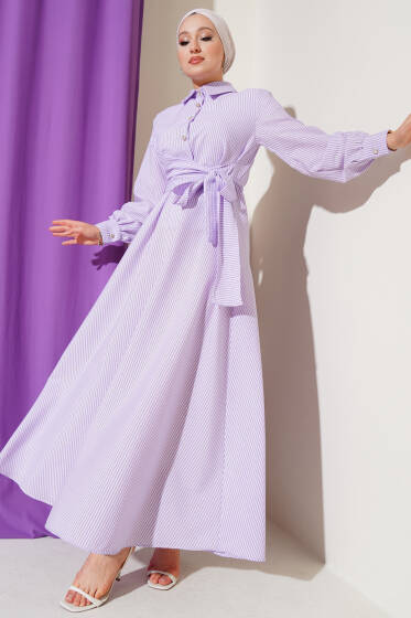 Belden Bağlamalı Gofre Elbise Lila - Elbise