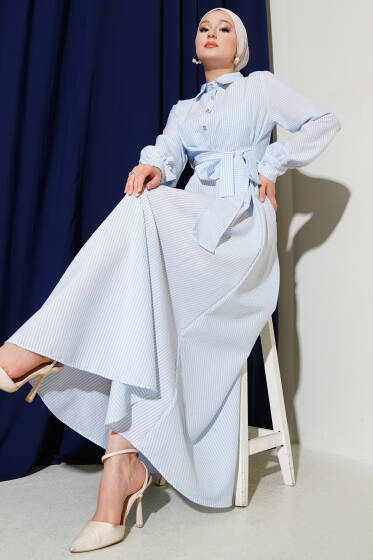 Belden Bağlamalı Gofre Elbise Mavi - Elbise