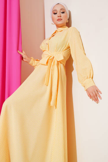 Belden Bağlamalı Gofre Elbise Sarı - Elbise