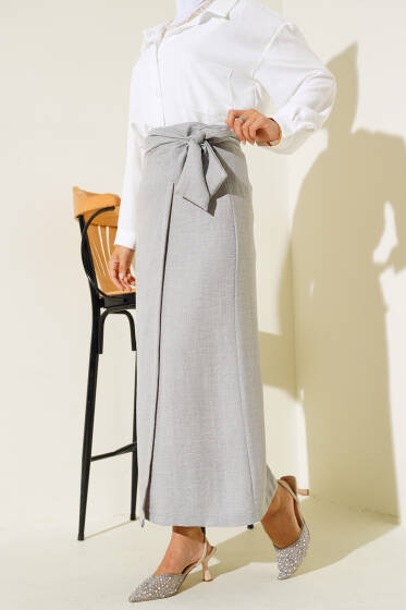 Belden Bağlamalı Keten Etek Gri - Etek