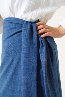 Belden Bağlamalı Keten Etek İndigo - Uzun Etek