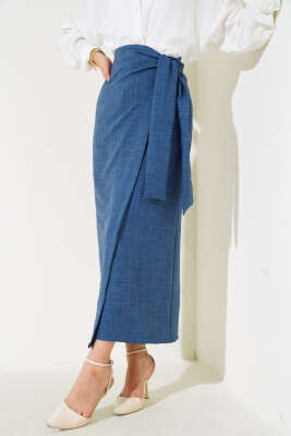 Belden Bağlamalı Keten Etek İndigo - Uzun Etek