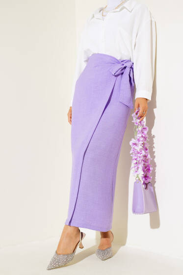 Belden Bağlamalı Keten Etek Lila - Etek