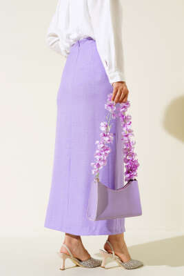Belden Bağlamalı Keten Etek Lila - Uzun Etek