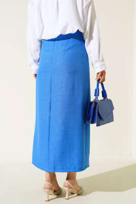 Belden Bağlamalı Keten Etek Saks - Uzun Etek