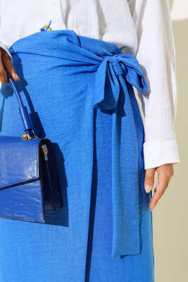 Belden Bağlamalı Keten Etek Saks - Uzun Etek