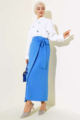 Belden Bağlamalı Keten Etek Saks - Uzun Etek