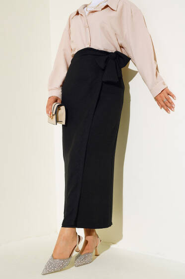 Belden Bağlamalı Keten Etek Siyah - Etek