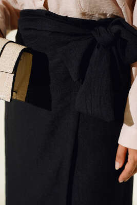 Belden Bağlamalı Keten Etek Siyah - Uzun Etek