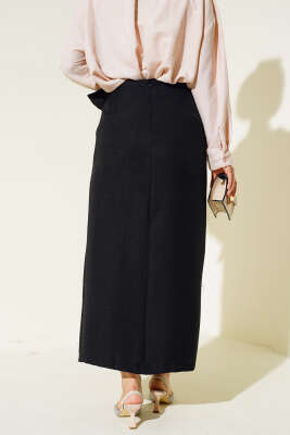 Belden Bağlamalı Keten Etek Siyah - Uzun Etek